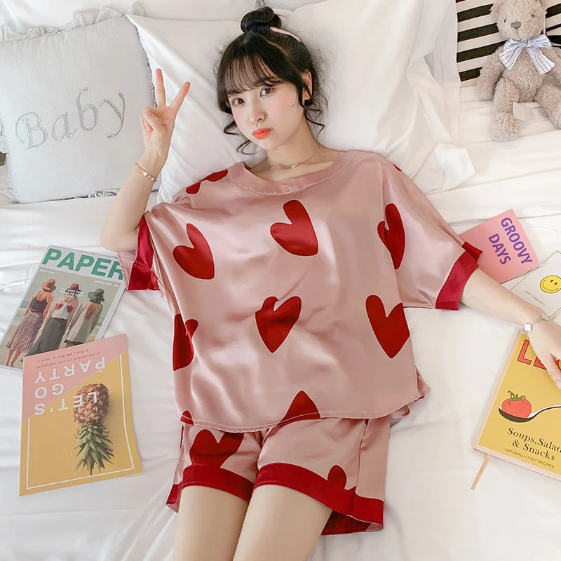 Womens Silk Satin Pajamas Pyjamas Set short Sleeve Sleepwear Pijama Pajamas Suit Female Sleep Two Piece Set Loungewear