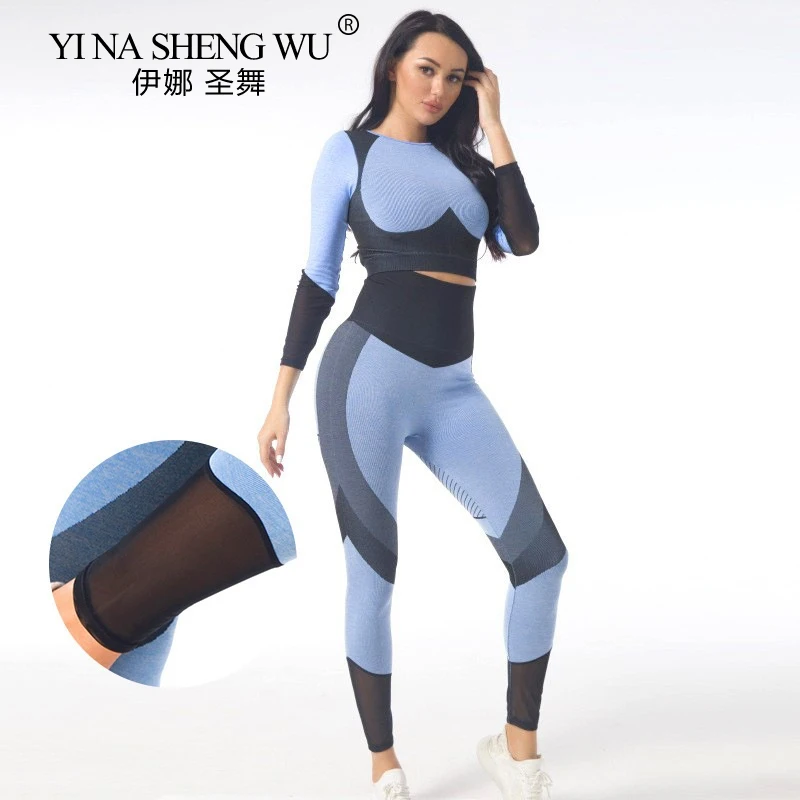 

Long Sleeve Crop Tops Shirts Mesh Women Vital Seamless Yoga Set Gym Fitness Leggings Sport Suit Women Tracksuit Active Wear New