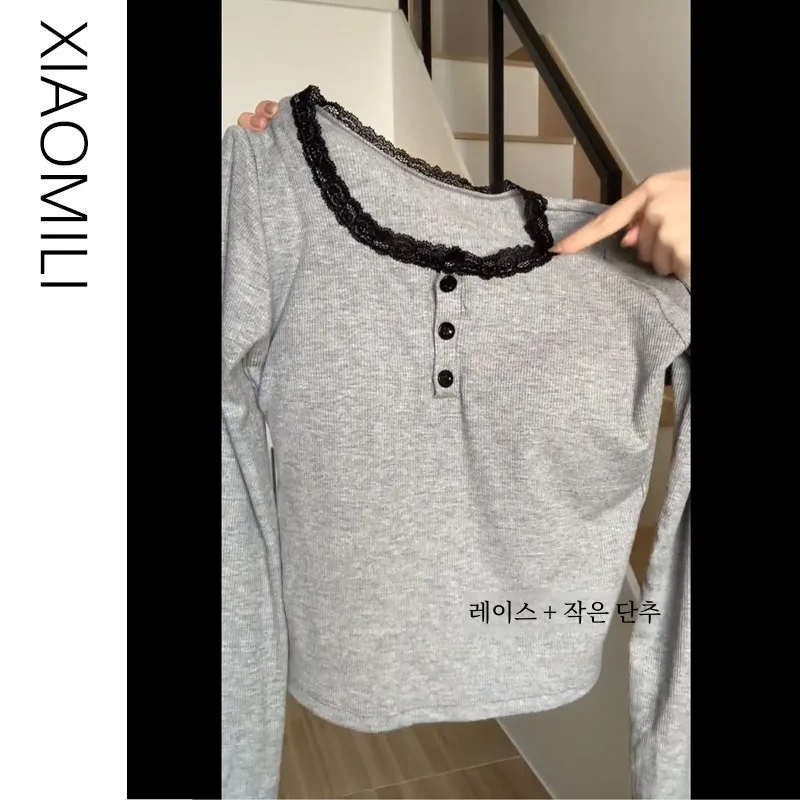 Серая кружевная нижняя рубашка Dralon женская осенне-зимняя футболка с длинными