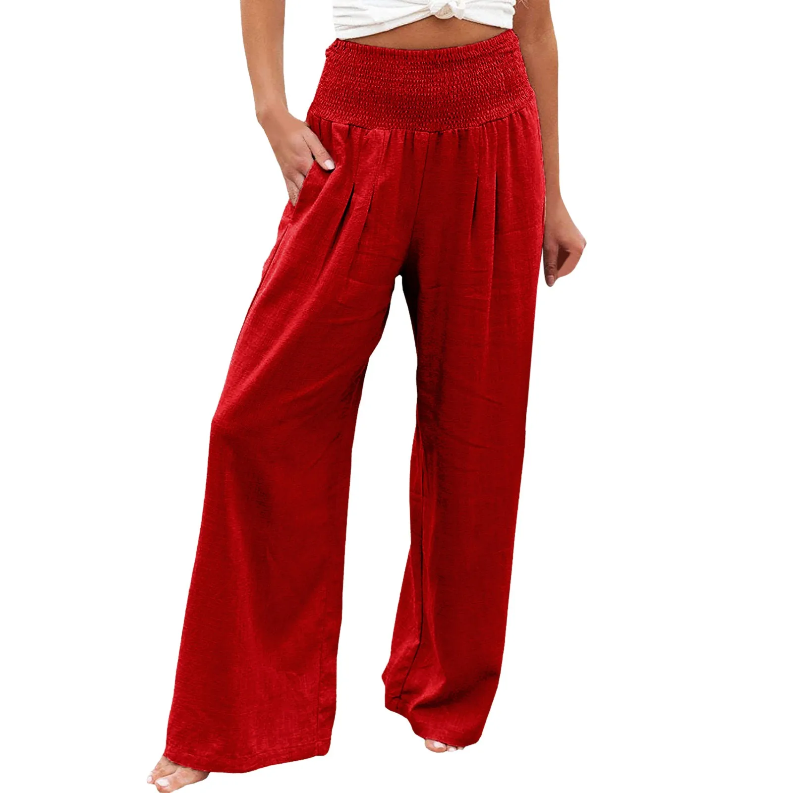 Casual Linen Pants for Women Office Lady Business Work High Waisted Wide Leg Trousers with Pockets Plus Size Elastic Waist Pants