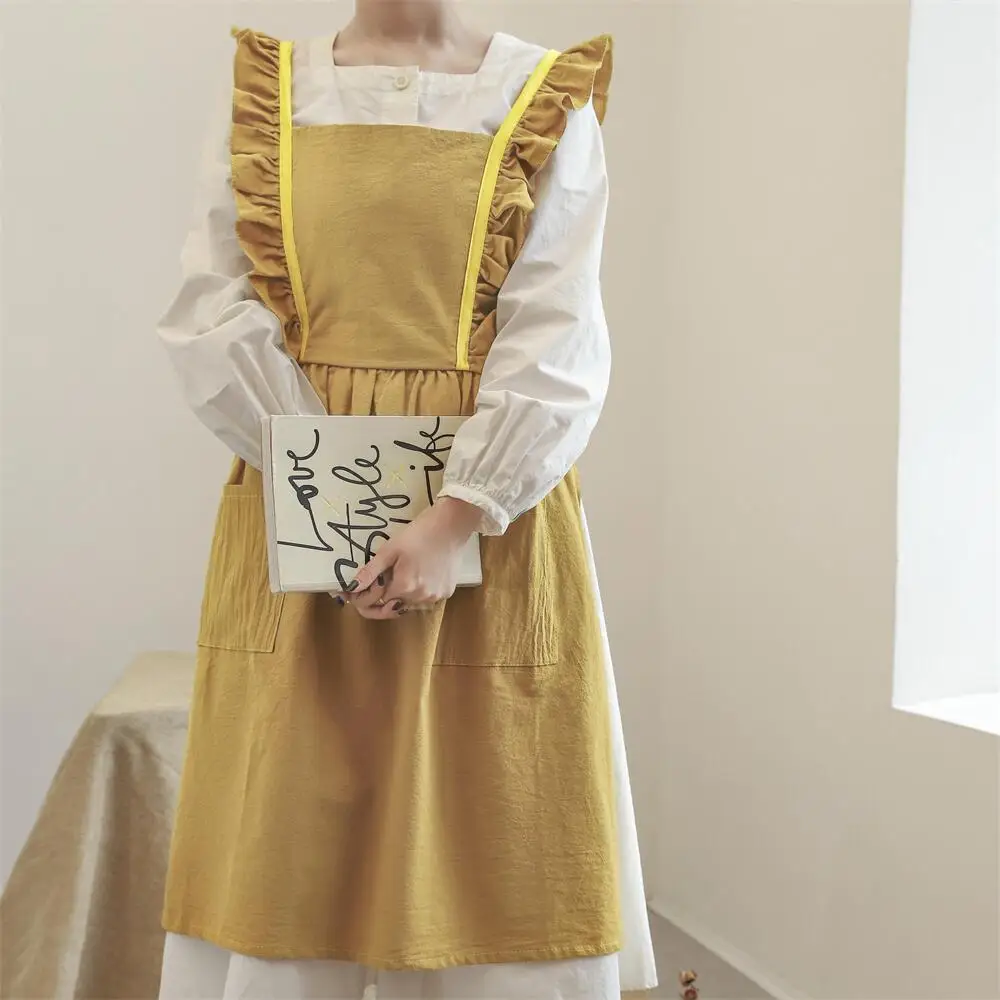 

2021 New Washed Cotton Linen Kitchen Aprons For Cooking Baking Flower Shop Ruffles Work Clean Apron for Woman Uniform Lady Dress