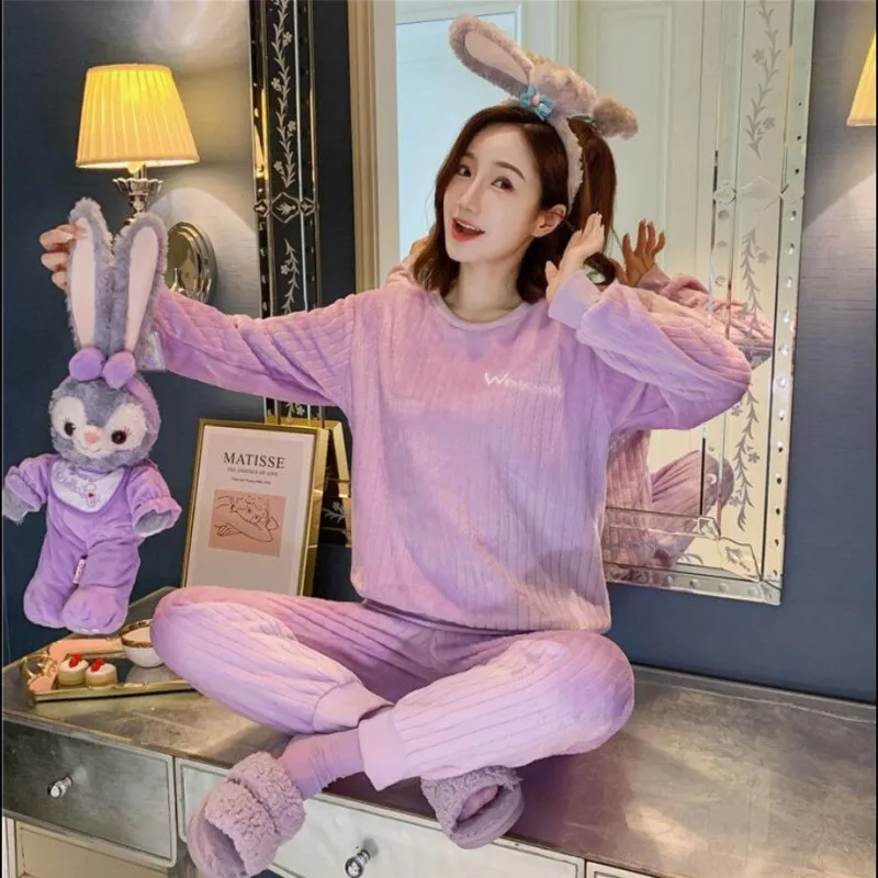 Women's Winter Warm Flannel Pajamas Set Korean Elegant Loose Cute Cartoon Sleepwear Home Clothes Two-piece Suit Femlae Pijama