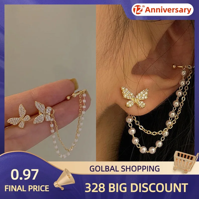 2022 Korean Elegant Cute Rhinestone Butterfly Stud Earrings For Women Girls Fashion Metal Chain Boucle D'oreille Jewelry Gifts