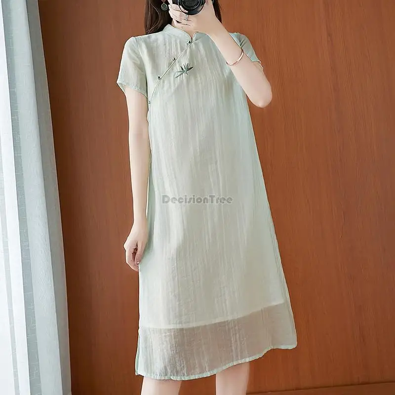 

2022 Autumn new chinese style vintage linen loose casual qipao dress embroidered women's wear cheongsam collar dress g389