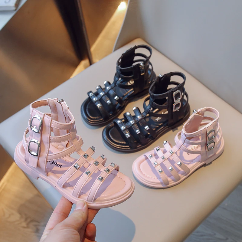 

Girls Rivets Kids Fashion Open-toe Hollow Breatheable Side Zipper Children Sandals 2023 Summer New Princess Flats Simple Korean