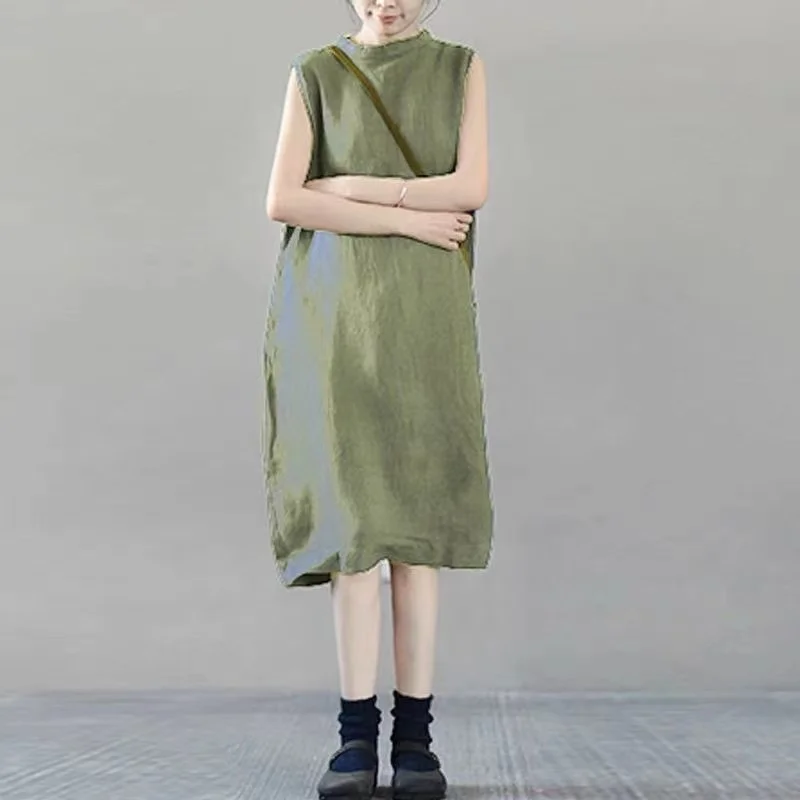 Однотонное длинное платье из хлопка и льна женское летнее однобортное свободное