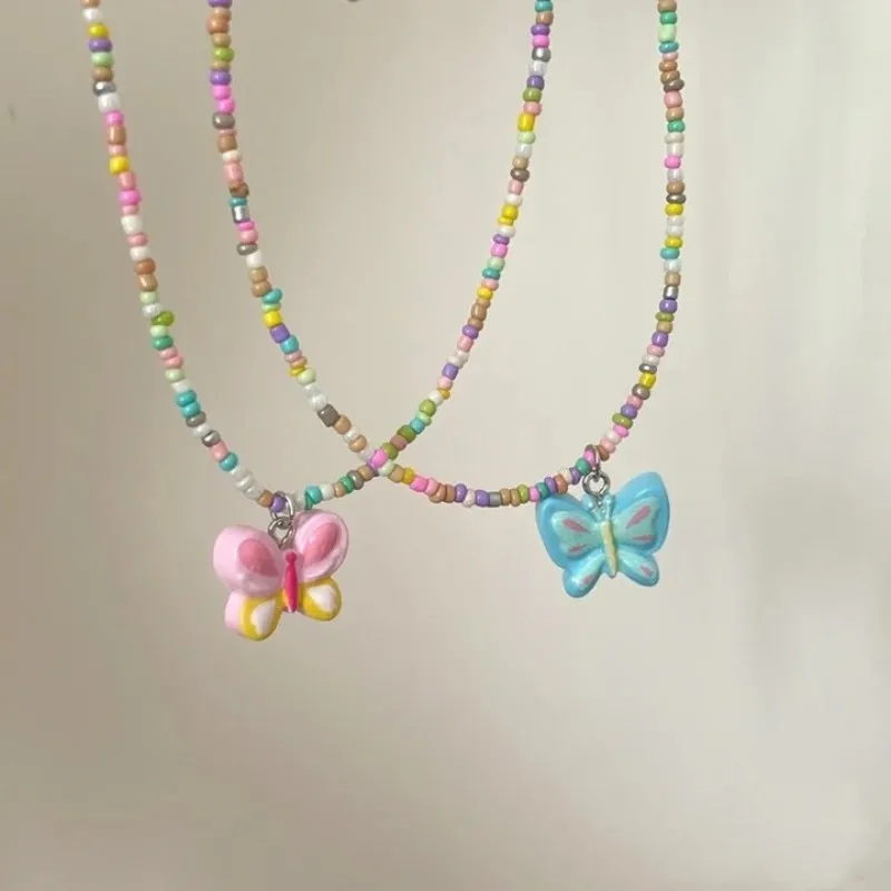 

Dopamine Girl Y2K Colorful Beading Necklaces With Crystal Butterfly Pendant Spicy Girl Sweet Cool Clavicle Collar Chain Summer