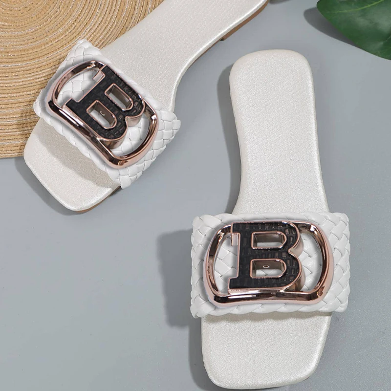 Women Luxury Decor Flat Sandals Weave Charm Design Temperament Open-toe Vacation Casual Slides Party Elegant Office-Ladies Shoes