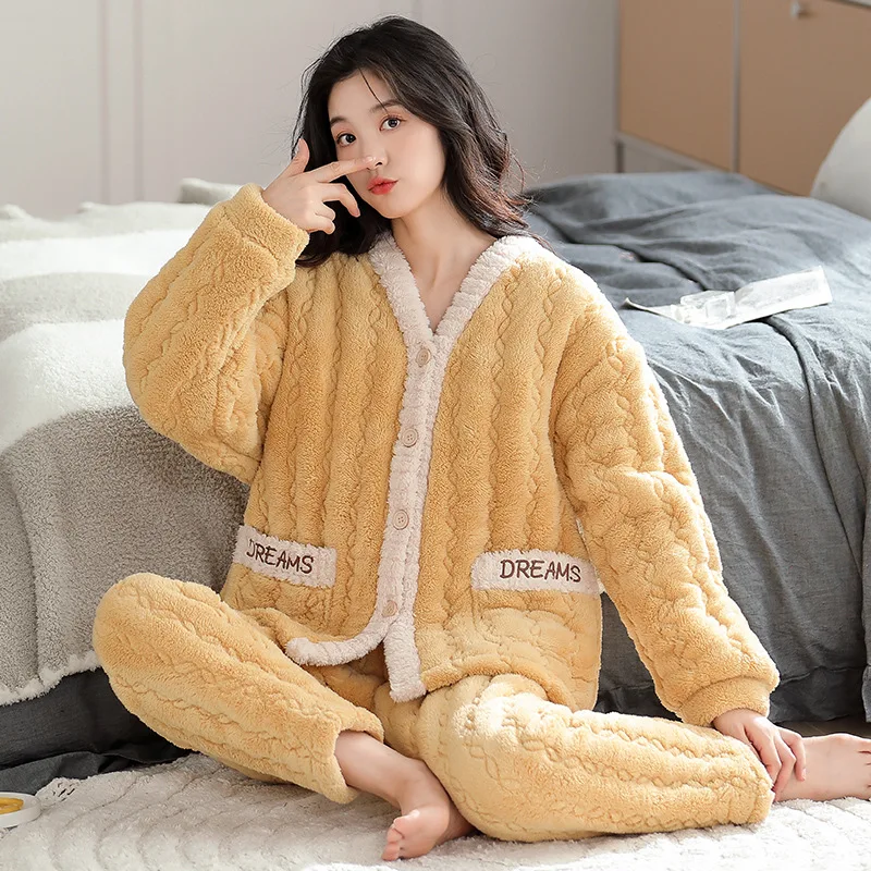 Winter Flannel Pajamas Set For Women Thick Warm Sleepwear Hooded Nightgown With Pants Loose Pyjamas Suit Homewear Clothes