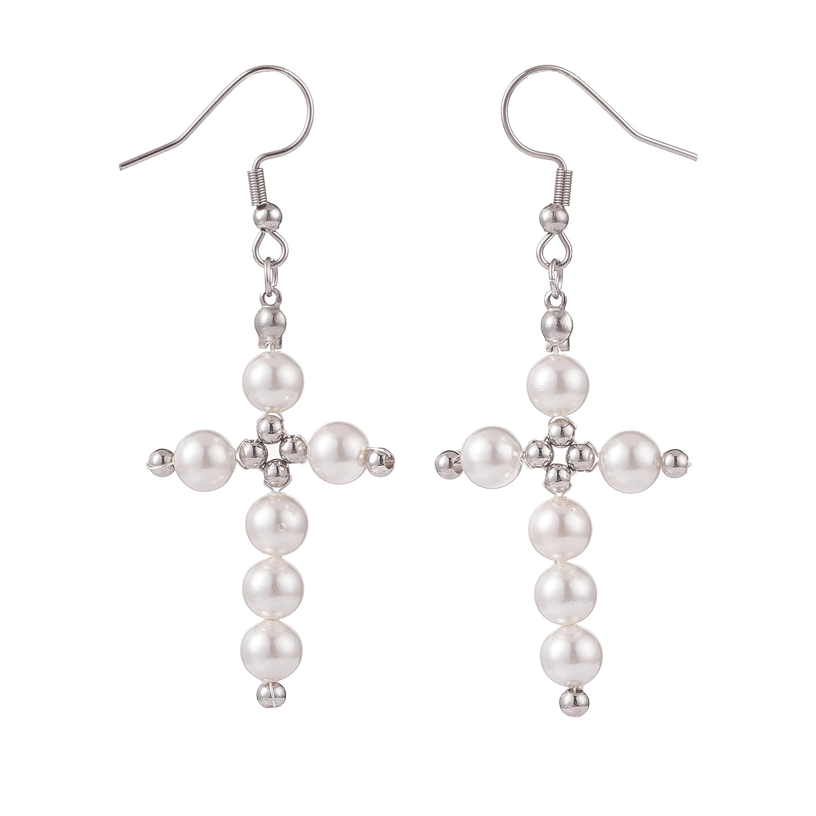 Kissitty 10Pairs Shell Pearl Brass Beaded Cross Dangle Earrings Stainless Steel Wire Wrap Drop Earrings for Women Jewelry Gift