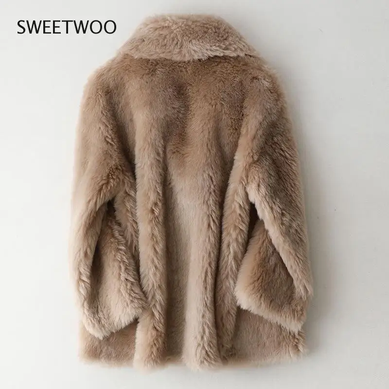 New Luxury Faux Fur Coat Women Turn Down Collar Sheep Fur Jacket Female Winter Warm Thick Slim Fur Overcoat Outerwear Tide 2022