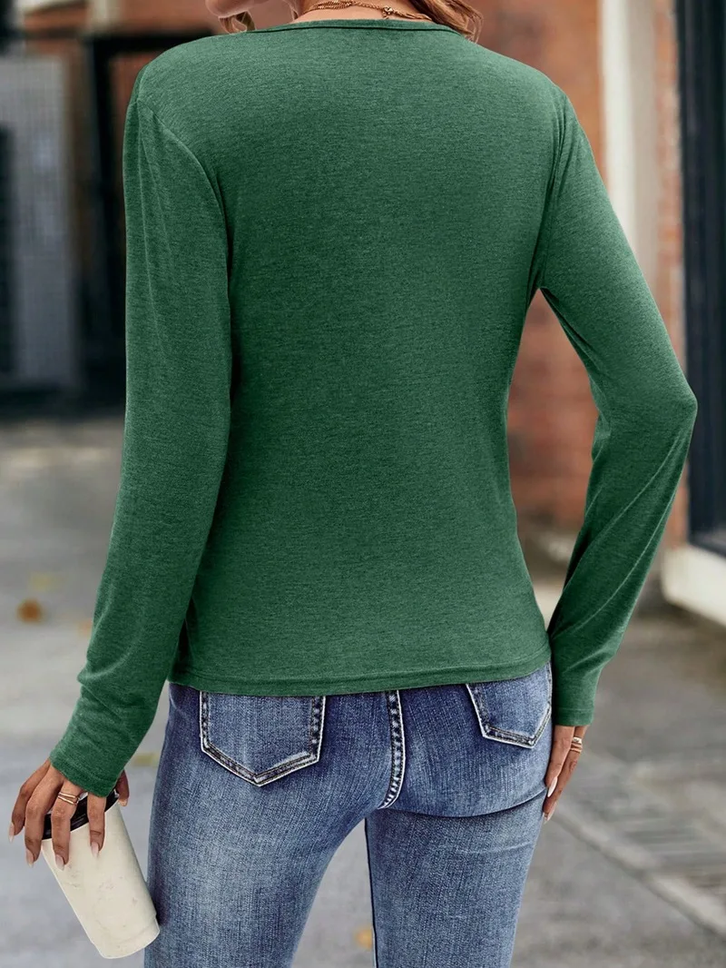 Женская однотонная плиссированная футболка с v-образным вырезом и длинными