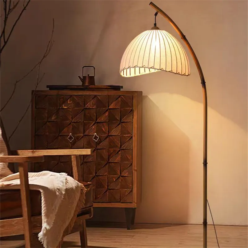 Винтажная бамбуковая Напольная Лампа Wabi Sabi брезентовые оттенки светодиодная