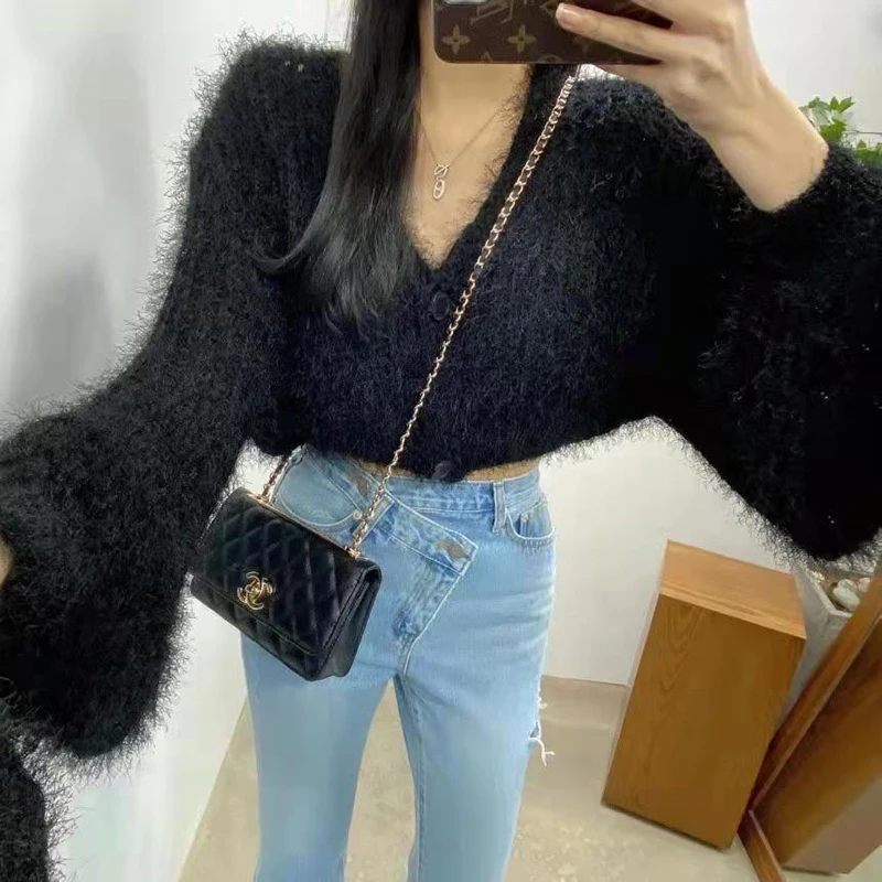 Button Fluffy Lohair V-neck Sweater Student Autumn Korean Chic Sexy Fashion Loose Vintage Woman Knitted Cardigan