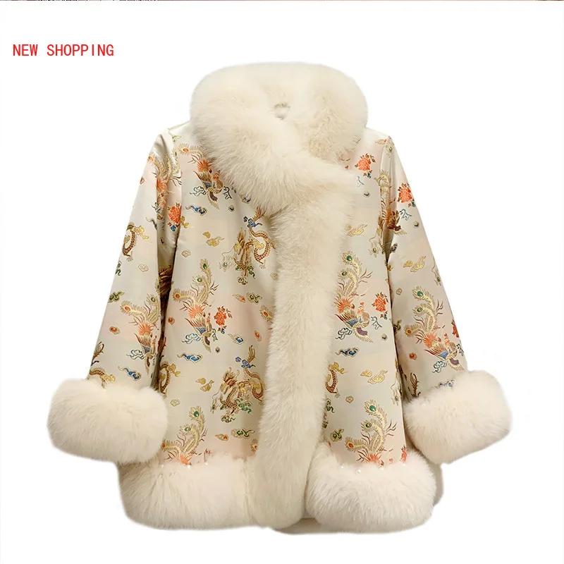 Elegant Faux Fox Fur Coat Thick Warm Winter Jacket Women Female Luxurious Dragon Print Embroidery Elegant Cloak Bead Overcoats