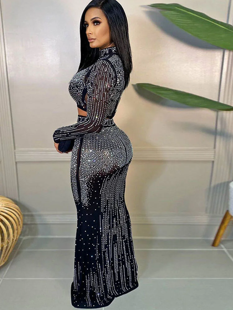 

Sparkle Black Rhinestone Studded Mesh Crop Top And Maxi Skirt Two-Piece Set Glam See-Through Crystal Party Club Outfits