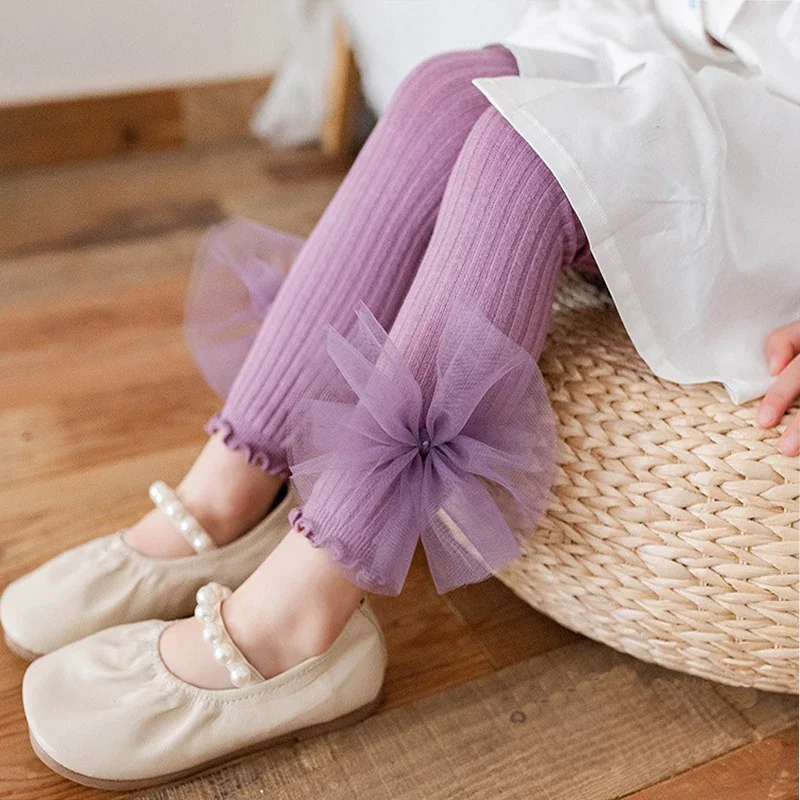 

Girls Leggings Children's Candy Color Pants Bow Trousers Baby Ribbed Legging 2023 Spring Fall Kids Elastic Clothing Korean Style