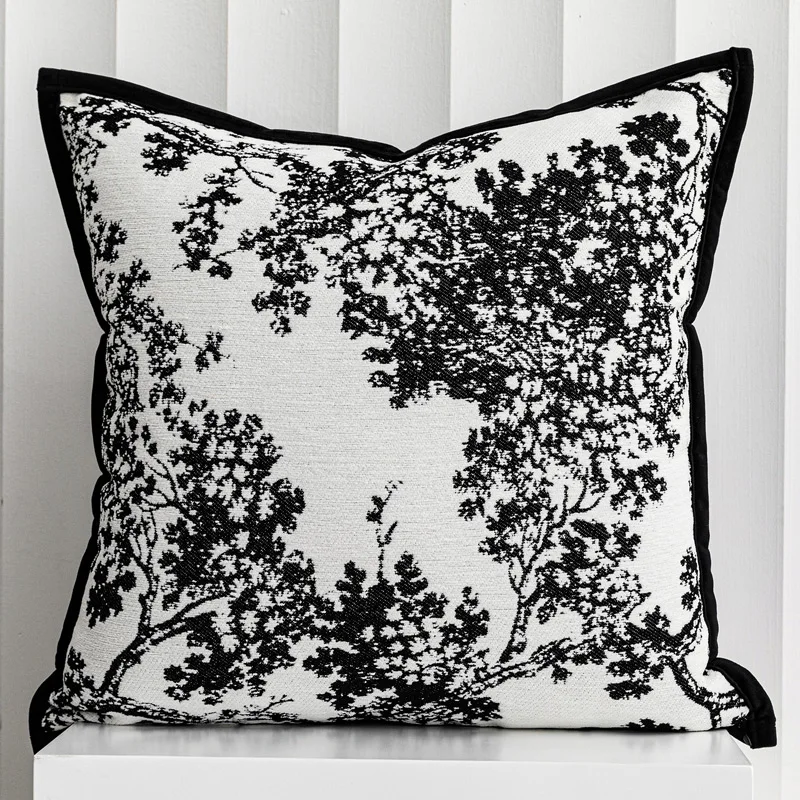 

DUNXDECO Luxury White Black Art Sofa Cushion Decorative Pillow Case Modern Tree Chenille Jacquard Warm Chair Bedding Coussin