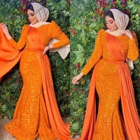 orange muslim evening dress sequined side train turkey formal prom gowns high collar long sleeve cape robe de soir%c3%a9e femme