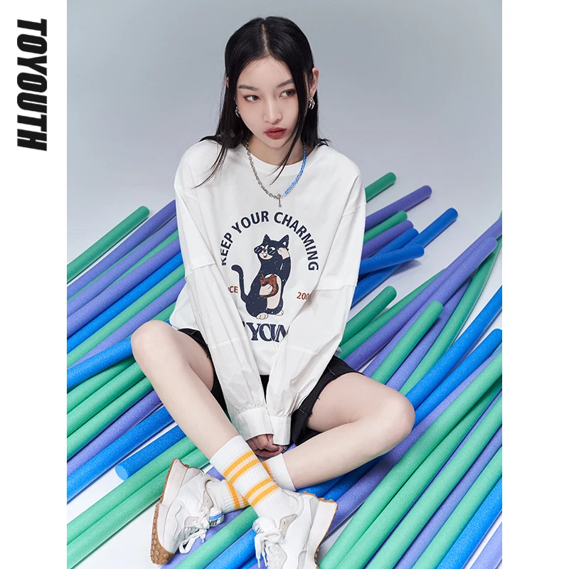 

Toyouth Tees Women 2022 Spring Long Sleeve O Neck Loose T-shirt Cat Pattern Shirt Patchwork Pure Cotton Chic Fashion Casual Tops