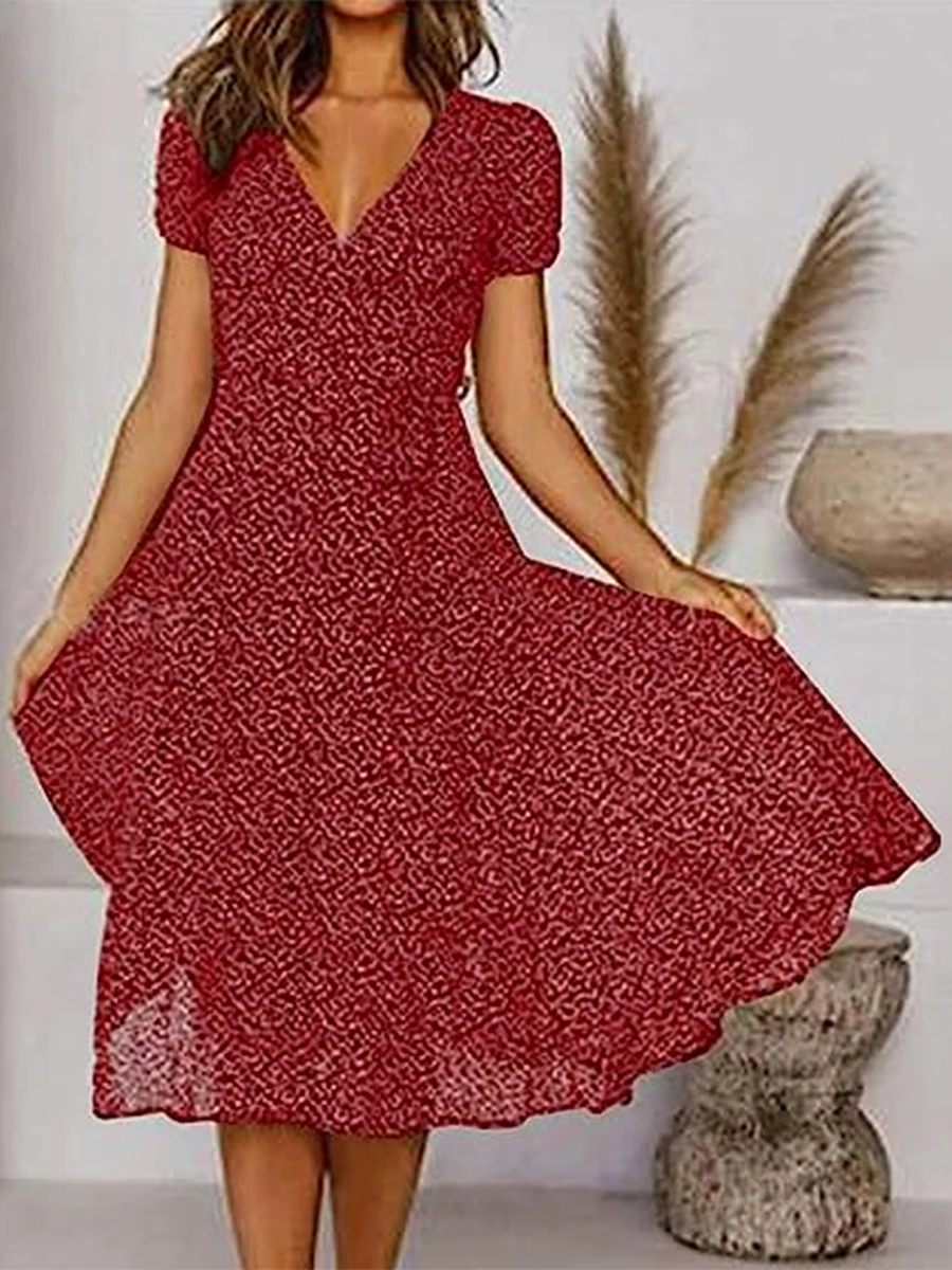 

Женское богемное длинное платье, винно-красное платье с коротким рукавом и V-образным вырезом, летнее повседневное пляжное платье с принтом в горошек, новинка 2023