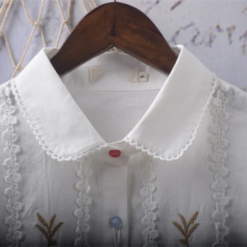 Японские милые рубашки с вышивкой кардиган круглым воротником на пуговицах