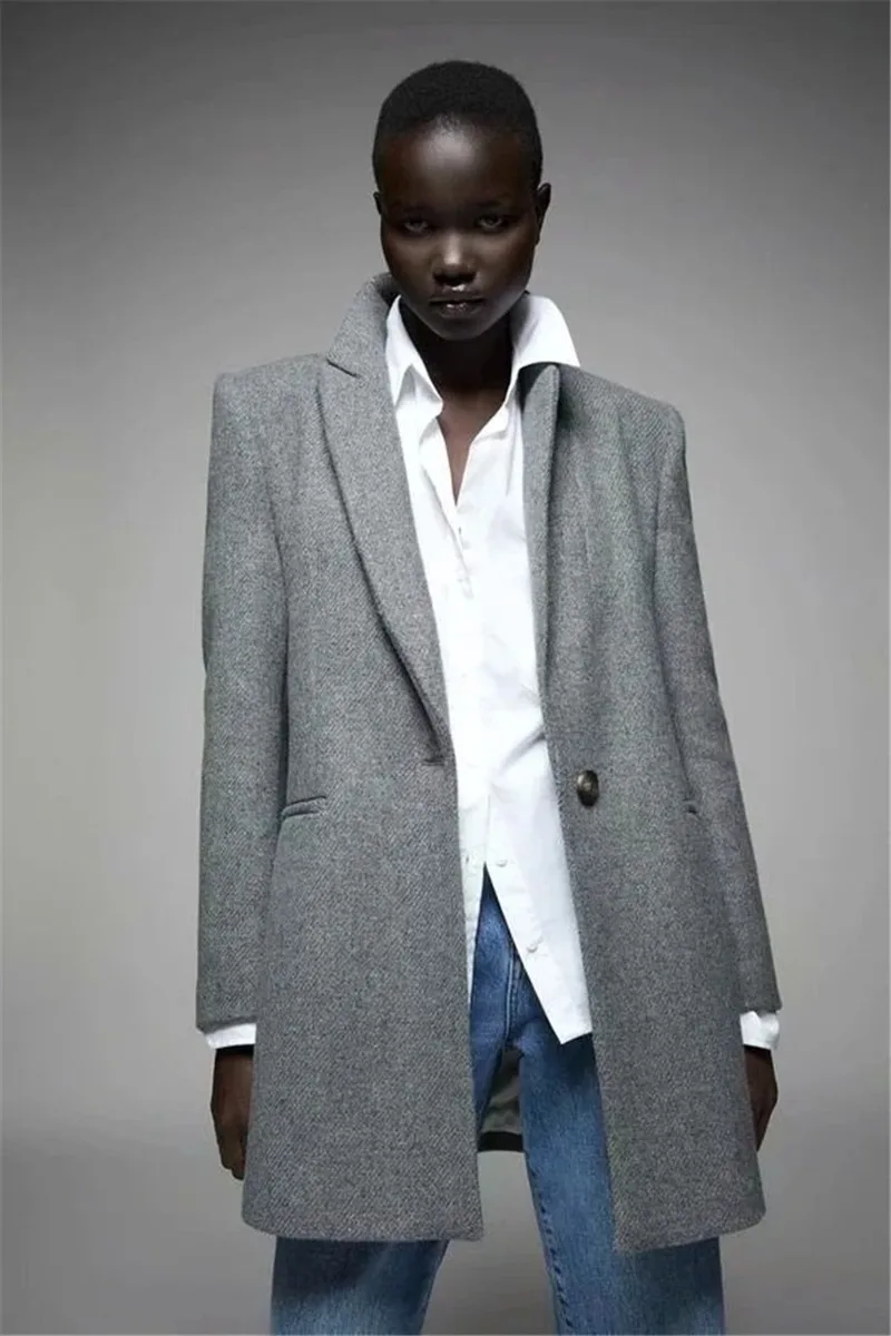 Grey Woollen Blazer Suit Korean Fashion Simple Mid Length Slim One Button Blazers Office Lady Autumn Winter Commute Casual Suits