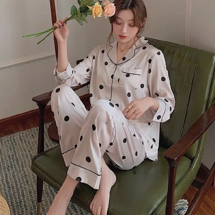 2 Pcs Silk Sleepwear Spring Long Sleeve Leopard Print Korea Style Pajamas Satin Homewear Comfortable Pyjama For Female 2022