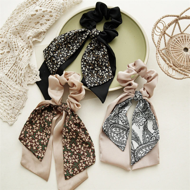 

Stylish Bowknot Hair Scrunchies High Elastic Hair Rubber Bands With Bow For Women Girls Simple All-match Long Print Hair Ties