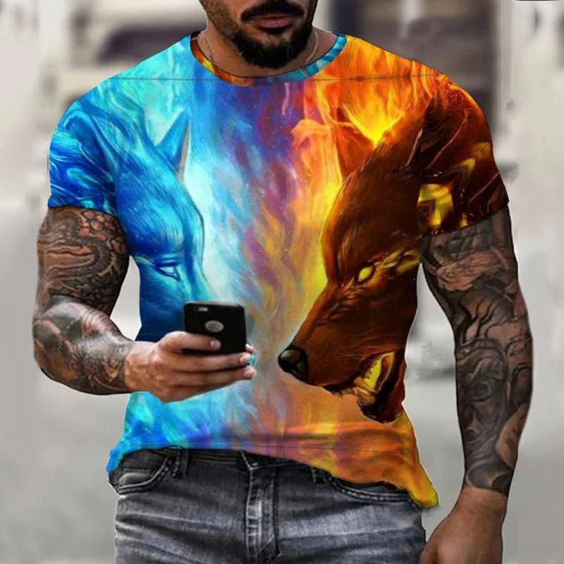 

Summer new double wolf fight for hegemony 3D werewolf men's T-shirt 0 collar men's casual fashion top short sleeve