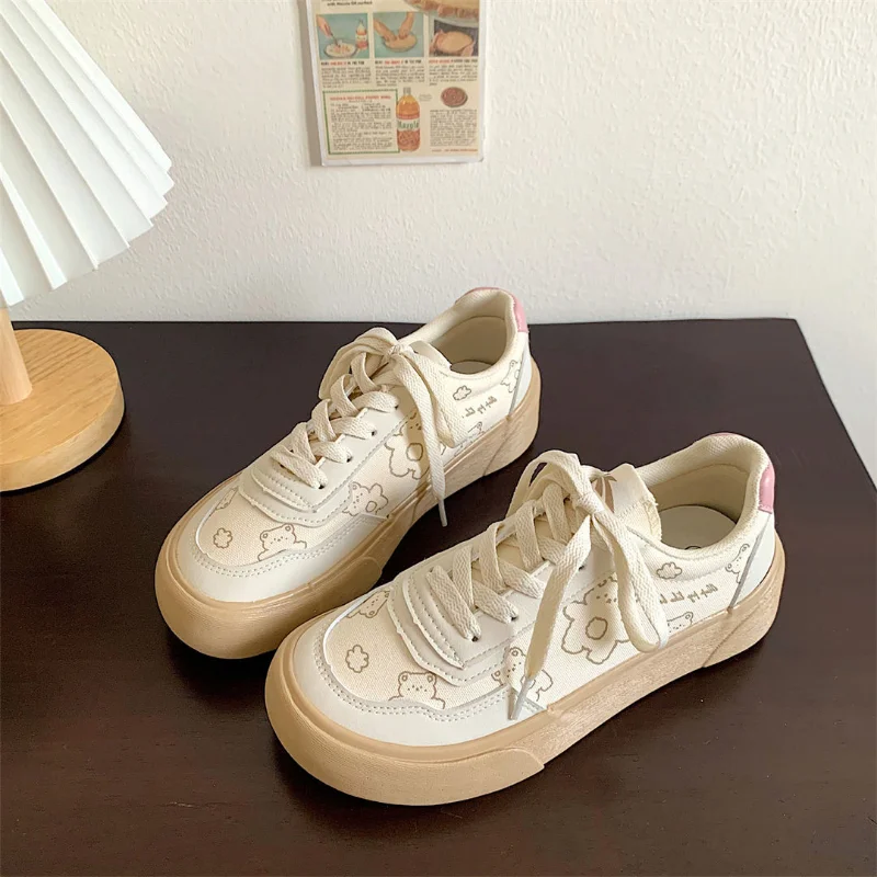 

SHANPA Vintage Kawaii Bear Canvas Shoes Women Lolita Flat Platform Cute Cartoon Print Shoes Summer Vulcanized Lace-Up Zapatos