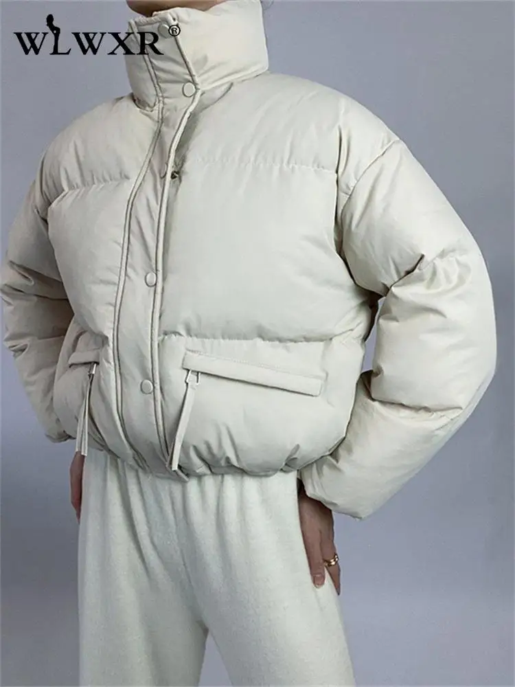 

WLWXR зимняя куртка для женщин 2022 с длинным рукавом Водолазка Топ пуговицы с карманами пуховики Пузырьковые пальто и куртки