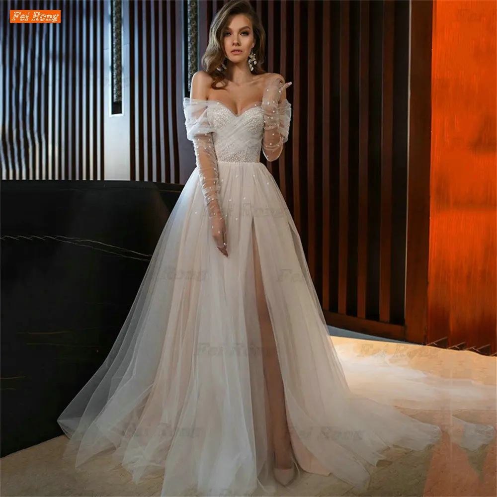 Graceful Tulle Wedding Dress Long Sleeves Sweetheart Side Spllit Vestido De Noiva Beach Bride Gown Lace Up свадебное платье