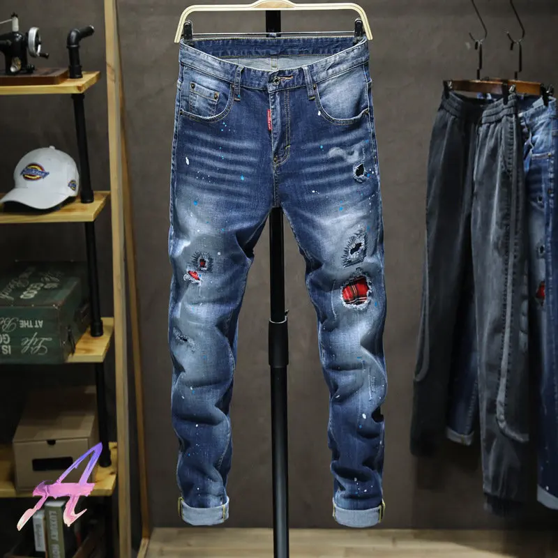 

2022ss Patch Jeans High Quality Blue Casual Denim Men's Pants Streetwear