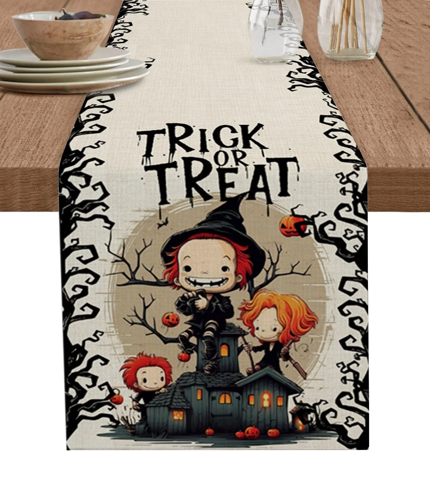 

Хэллоуин, ветка тыквы, замок, льняные настольные дорожки, разноцветные настольные дорожки, украшение на Хэллоуин