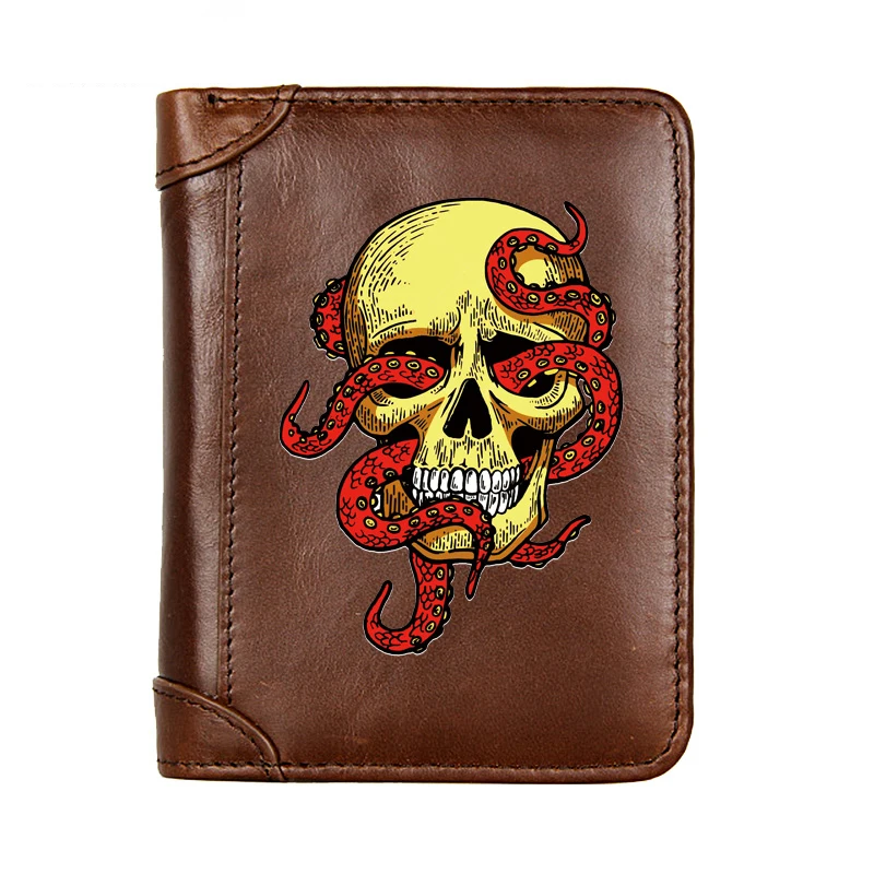 

Steampunk Octopus Skull Design Printing Genuine Leather Men Wallet Classic Pocket Slim Card Holder Male Short Purses