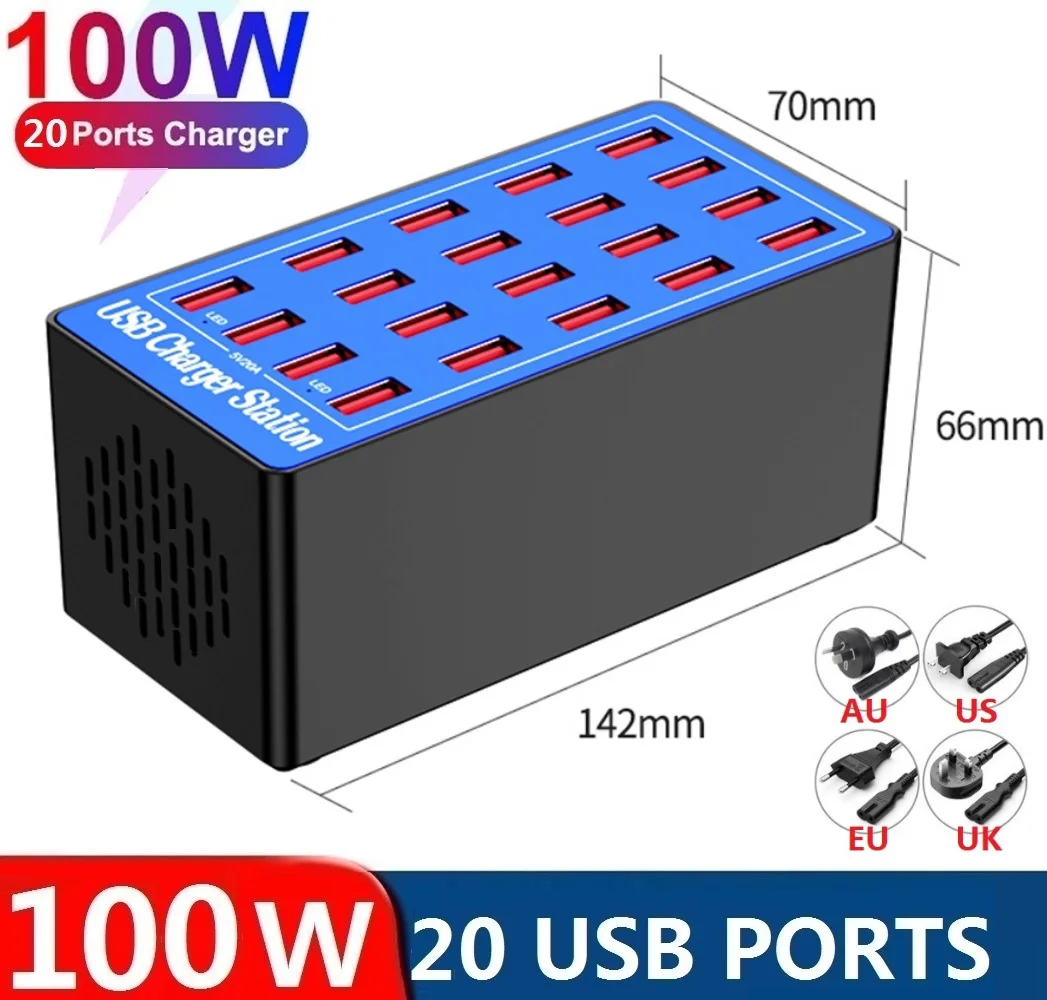 

Universal USB Charger Station 20-Port 100W Multiple USB Charging Station for Iphone13 12 14 Samsung Xiaomi Tablet