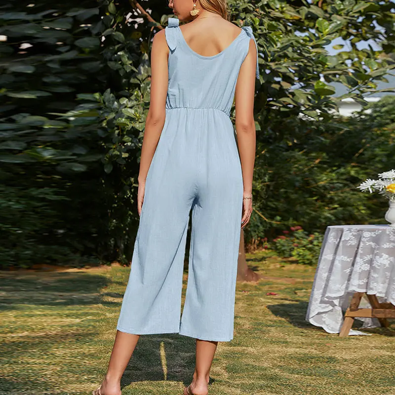 Women Sleeveless Cotton Linen Wide Leg Rompers Elegant Shoulder Bow Jumpsuits Summer Holiday Beach Casual Solid Jumpsuit Female