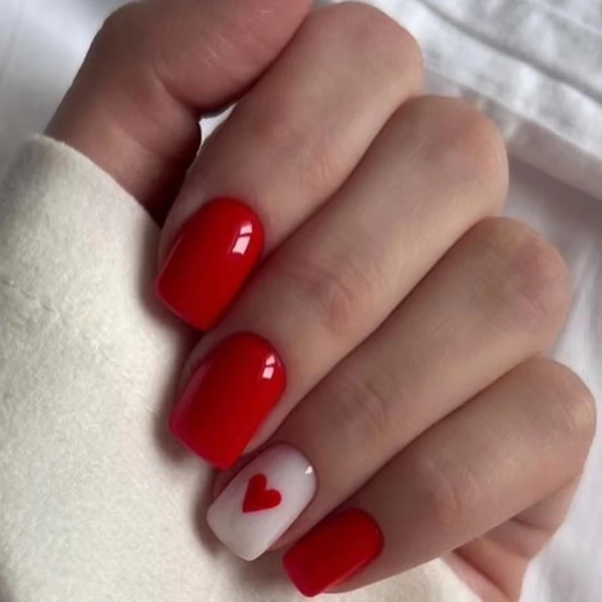 Глянцевый красный белый цвет сердце любви Валентина миндаль накладные ногти