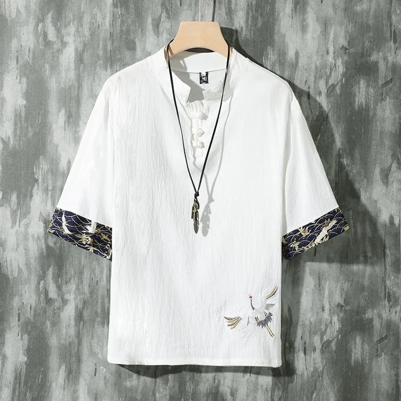 

Льняная футболка в китайском стиле с дисковыми пуговицами, мужская летняя рубашка с короткими рукавами, свободная футболка большого размер...
