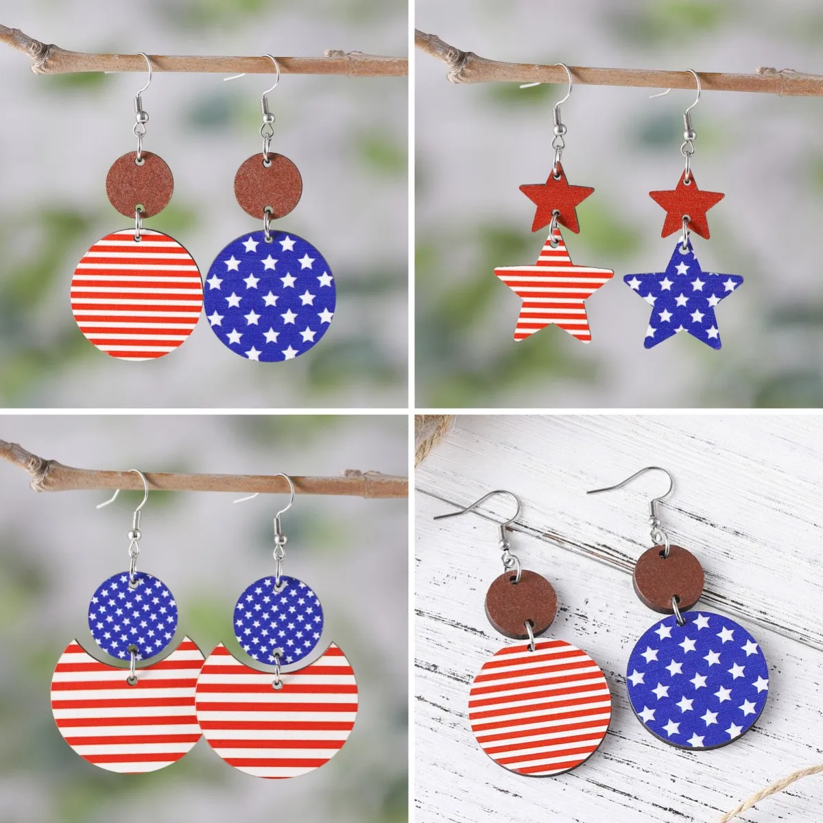 

New Exaggerates American Independence Day Star Stripe Earrings Double Round Five-pointed Star Double Sided Wood Splice Ear Rings