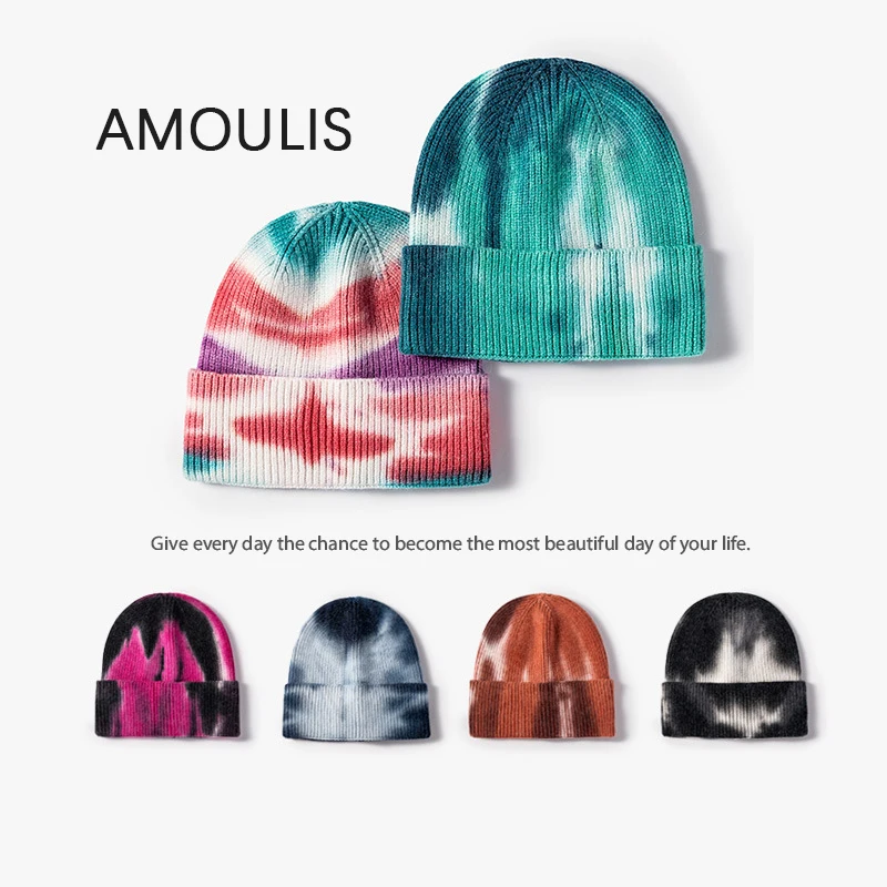 

AMOULIS Winter Knitted Hats for Women and Men Fashion Tie Dye Skullies Beanies Female Casual Outdoor Keep Warm Melon Caps Unisex