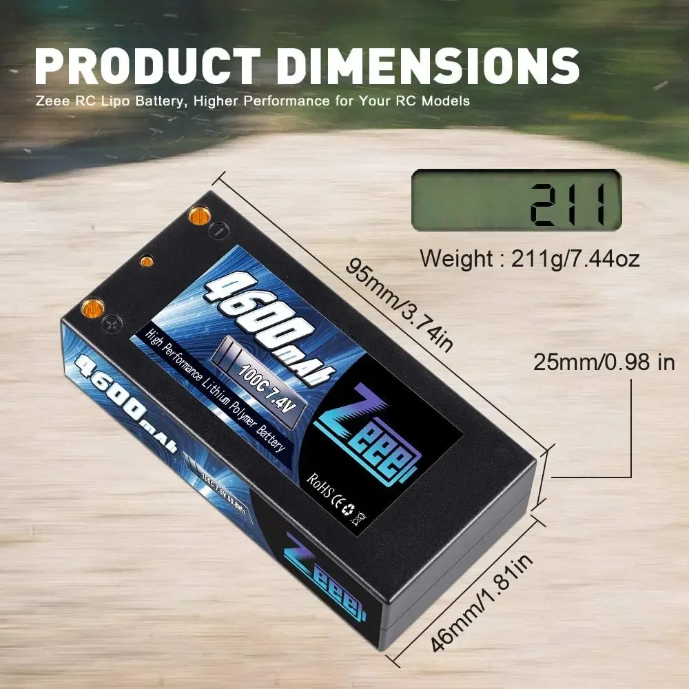 Фото Аккумулятор Zeee 2S Lipo 7.4V 4600mAh 100C Shorty в жестком корпусе с разъемом Deans 4 мм для радиоуправляемых моделей автомобилей масштаба 1/10 №1