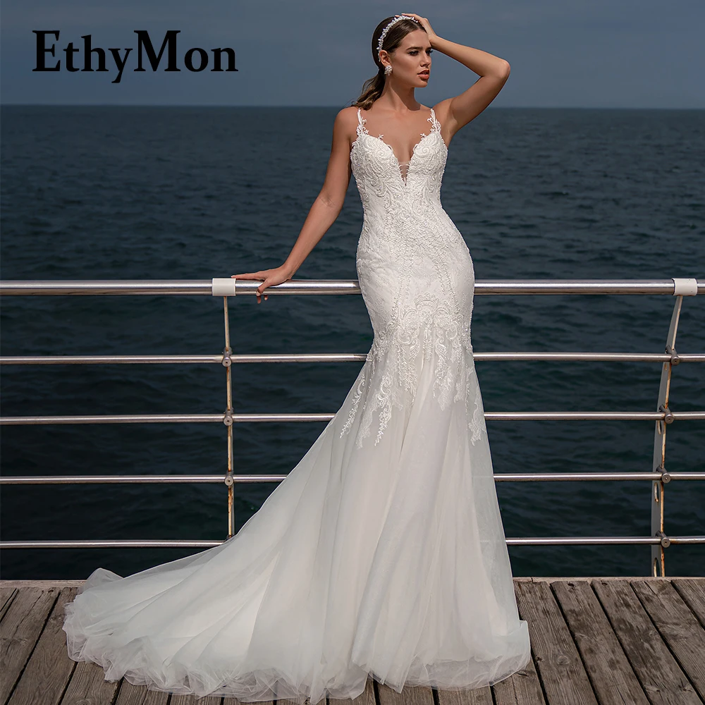 

Этимон, современные бретельки-спагетти, модель 2023 года, сексуальное платье невесты с цветочным принтом, V-образным вырезом и пуговицами, индивидуальный пошив