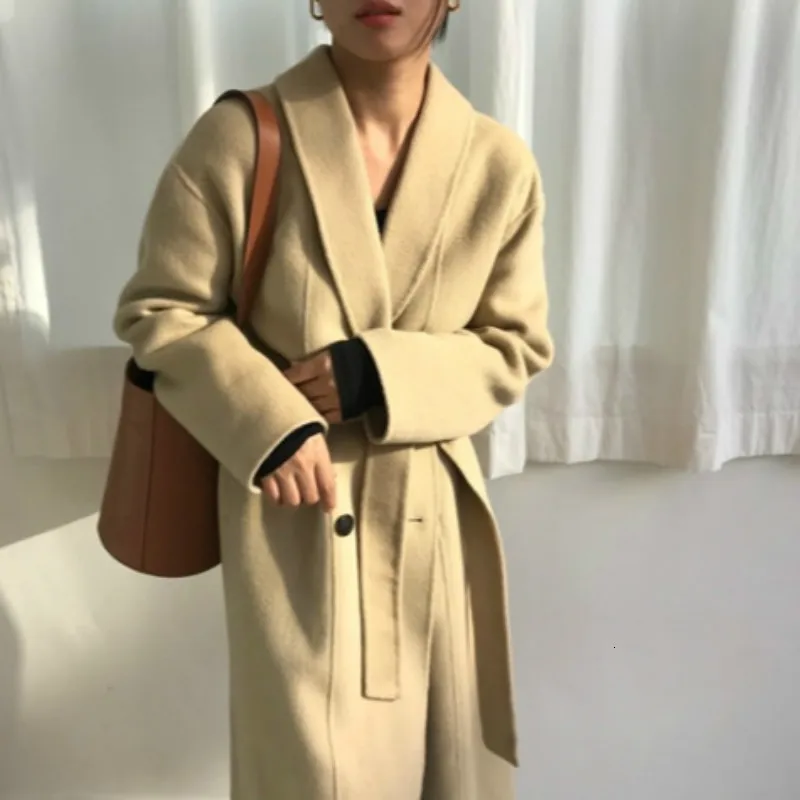 

Korea Women Winter Yellow Long Cashmere Coat Slim Waist Elegant Overcoat with Waistbelt Pocket Loose Outerwear Jacket