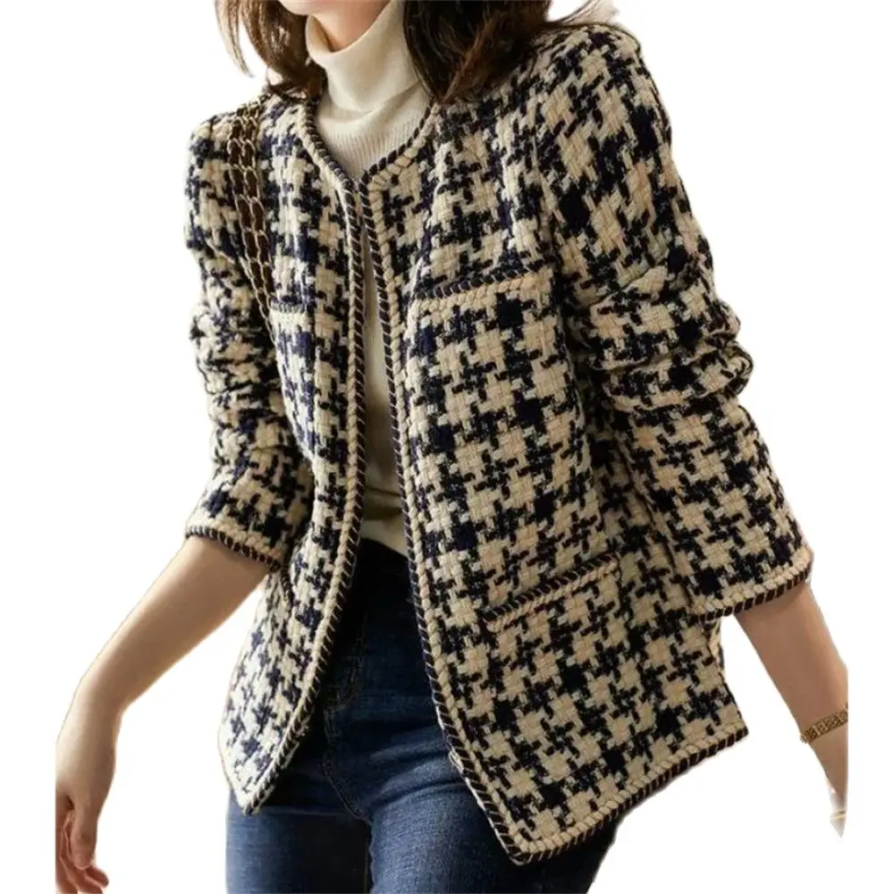 

Autumn Women Blazer Pocket Lining Causal Tweed Coat Ol Suit Jacket Tweed With Cotton 2022 Elegant Weave Plaid Outerwear Winter