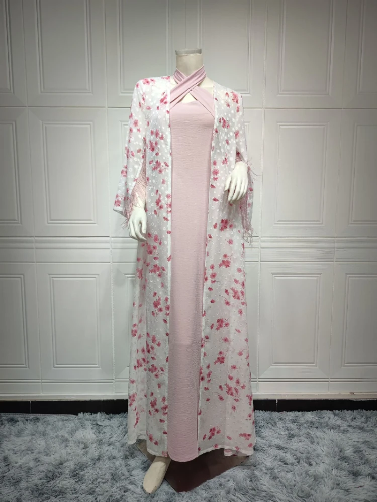 Fashion Muslim 2 Pieces Abaya Set for Women Pink Celebrity Halter Long Dress and Ostrich Feather Cardigan Outerwear Floral 2022