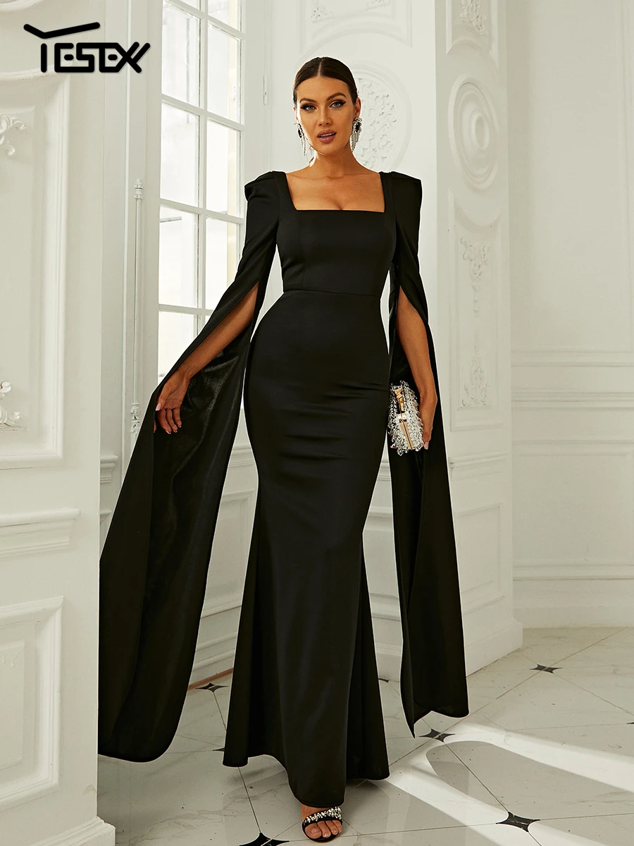 Yesexy Elegant Split Sleeve Evening Party Dresses Women Elegant Floor Length Maxi Dress Black New Fashion Bodycon Vestidos Robe
