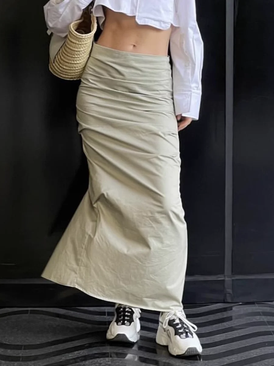 

2023 Summer Folds Khaki Chic Midi Skirt High Waist Streetwear Straight Slit Long Dresses American Vintage Fashion Punk Faldas