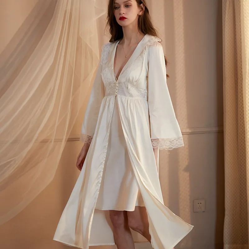 

French Style Pajamas for Women Silk Nightdress Sleeveless Nightgown Long Sleeve Laple Bathrobe Women's Two Piece Sets Loungewear